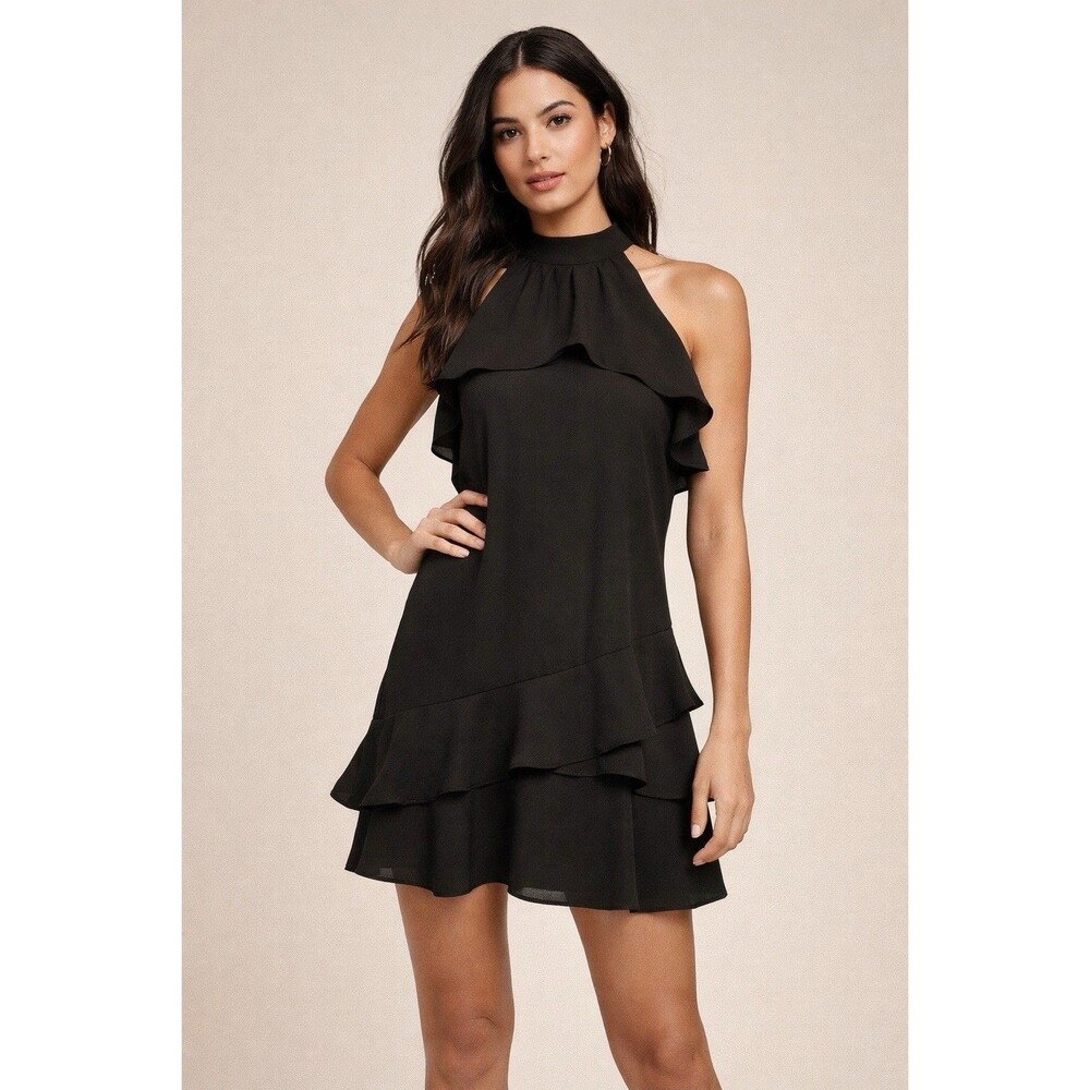Parker Barcelona Cutout Halter Ruffled Hem Jacquard Mini Dress, Black, Size XS